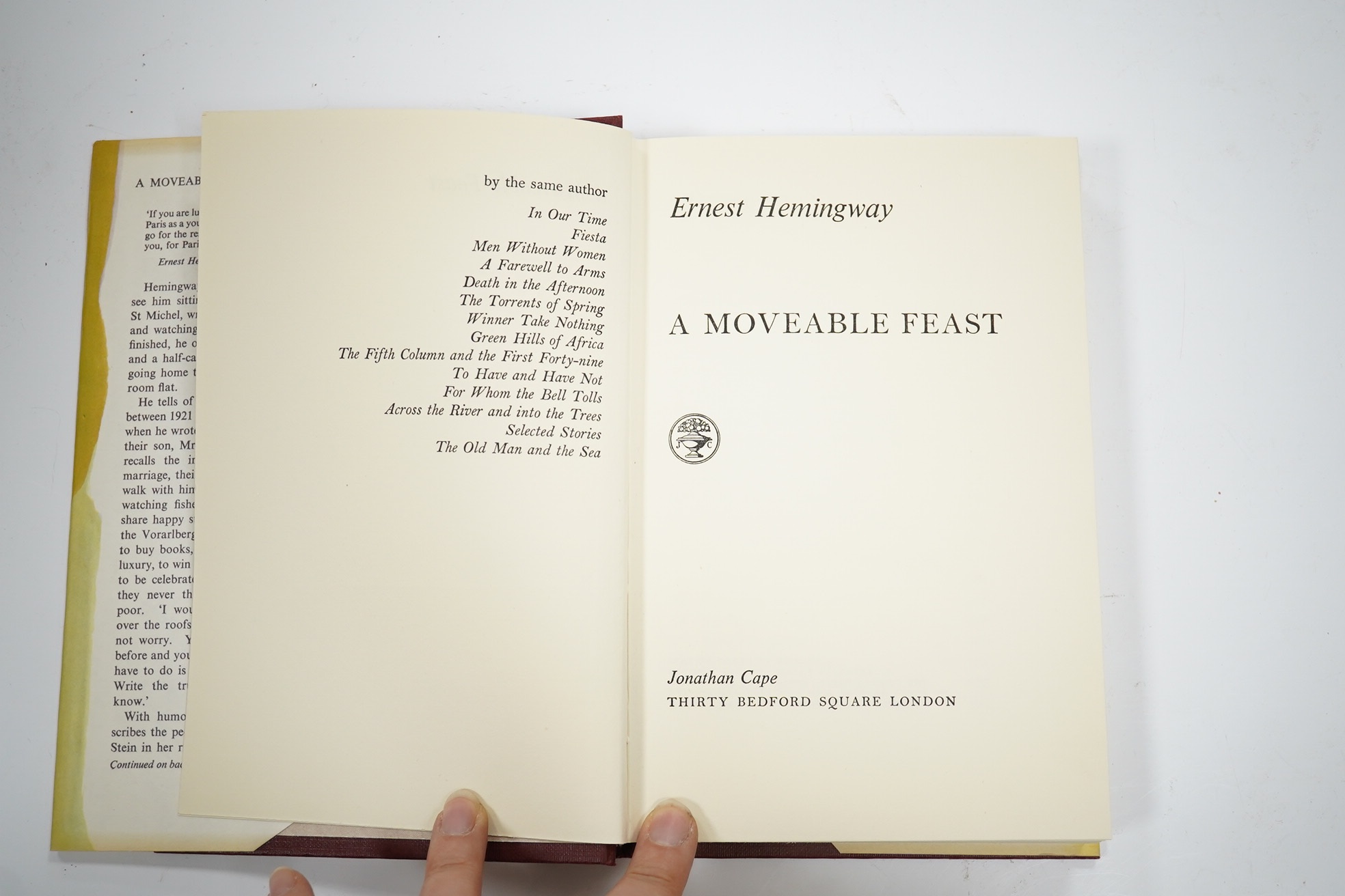 Hemingway, Ernest - A Moveable Feast. 1st English Edition. half title; publisher's cloth and d/wrapper, decorated e/ps. Jonathan Cape, 1964